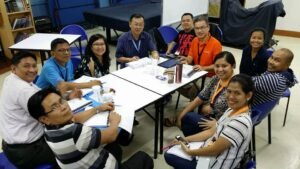 A group of people sitting around a table.